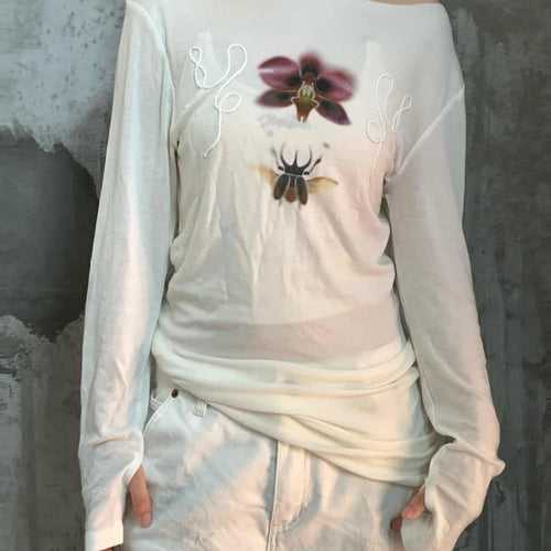 Load image into Gallery viewer, Y2k Aesthetic Flower Printing Casual Tshirts Women Harajuku Slim Fit Embroidery Tees 2025 Spring Grunge Slash Neck Simple Tops
