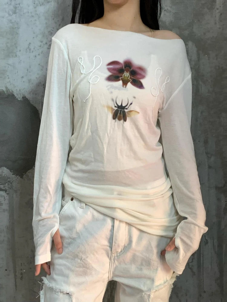 Y2k Aesthetic Flower Printing Casual Tshirts Women Harajuku Slim Fit Embroidery Tees 2025 Spring Grunge Slash Neck Simple Tops