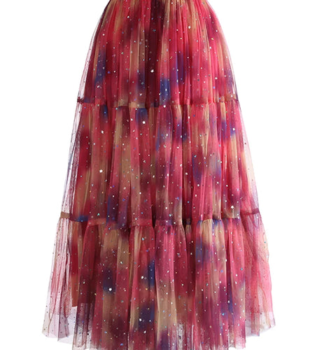 High Elastic Waist Red Gradual Color Sequins Ball Gown Half-body Skirt Women Fashion Tide New Spring Autumn 2025 1DJ1273