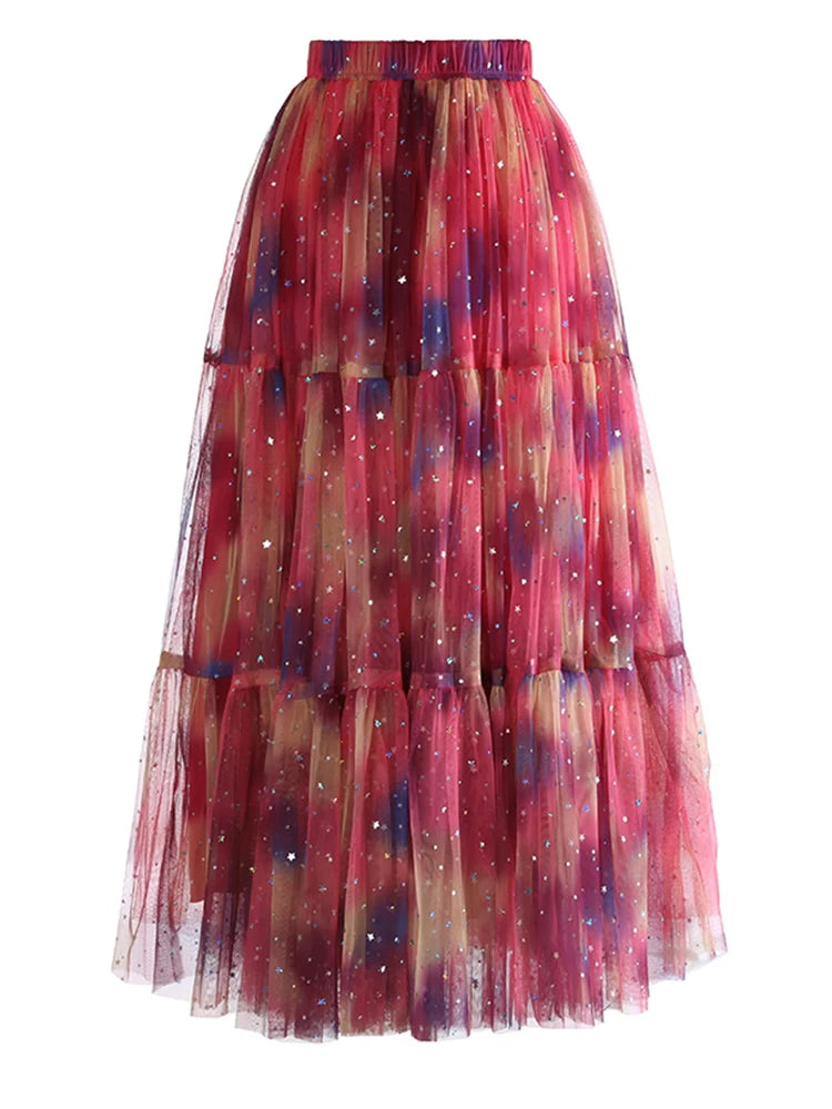 High Elastic Waist Red Gradual Color Sequins Ball Gown Half-body Skirt Women Fashion Tide New Spring Autumn 2025 1DJ1273