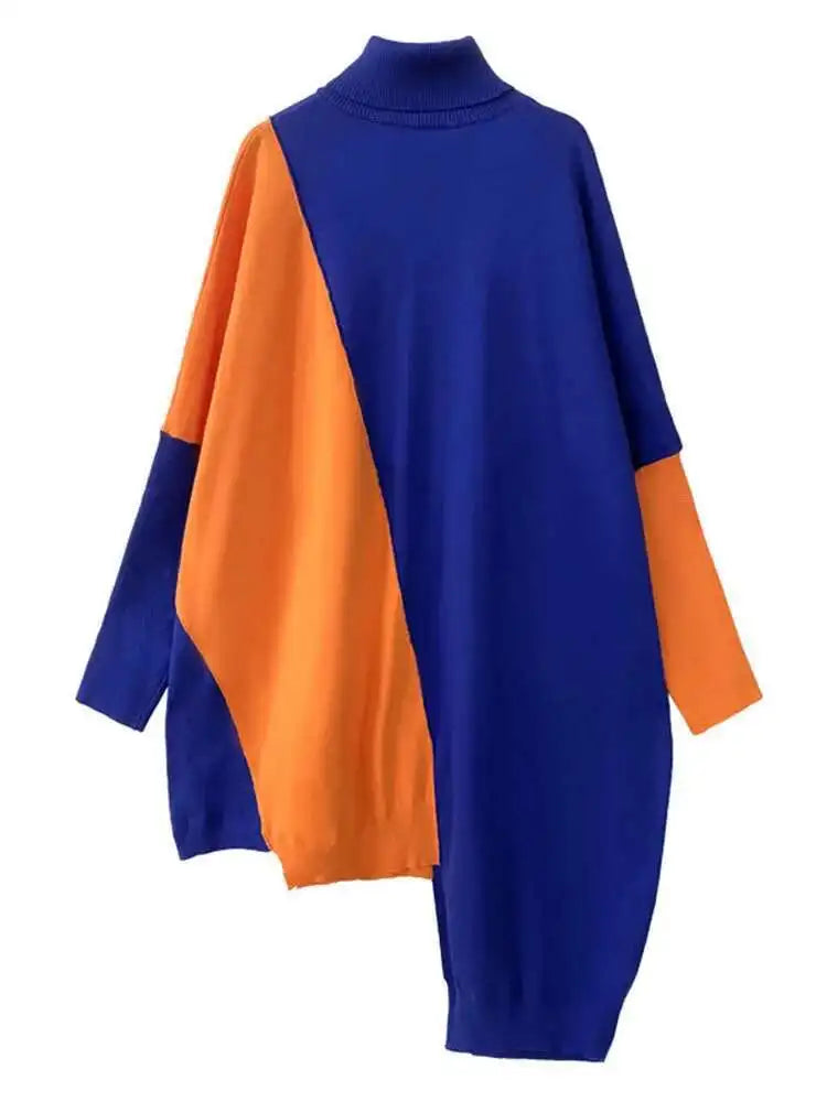 Women Gray Color-block Big Size Irregular Knitting Dress New Turtleneck Long Sleeve Fashion Spring Autumn 2025 1DH6561