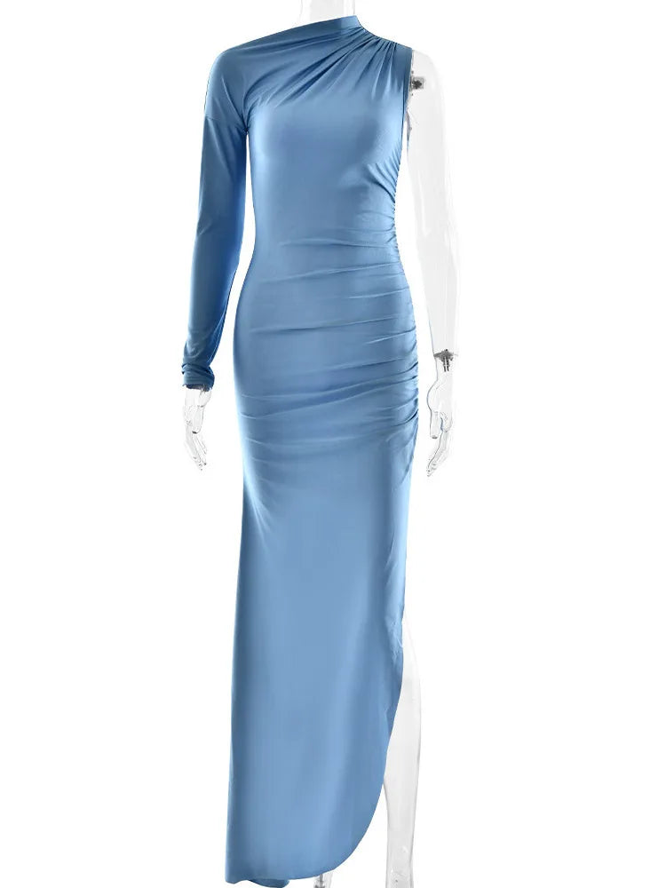 Elegant Single Sleeve High Elasticity Tight Fold Dress Women New 2025 Winter Party Club Evening Dress Bodycon Vestdos