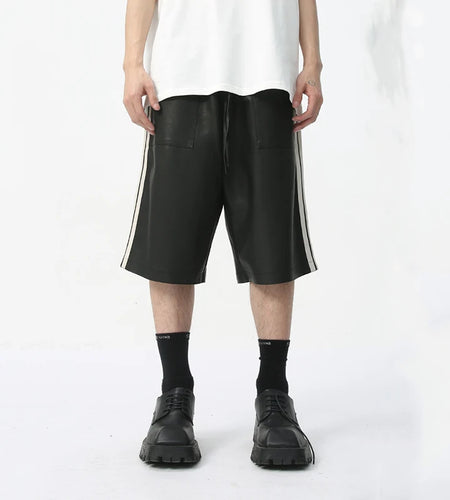 Men's PU Leather Shorts Casual Summer Side White Stripes Fashion Trend Elastic Waist Loose Male Chaparejos 9C5679