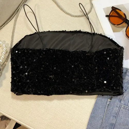 Load image into Gallery viewer, Summer Women&#39;s Black Spaghetti Strap Sequined Camisole Fashion Shiny Pink Cropped Sleeveless Sexy Slim Short Tanks Tops New
