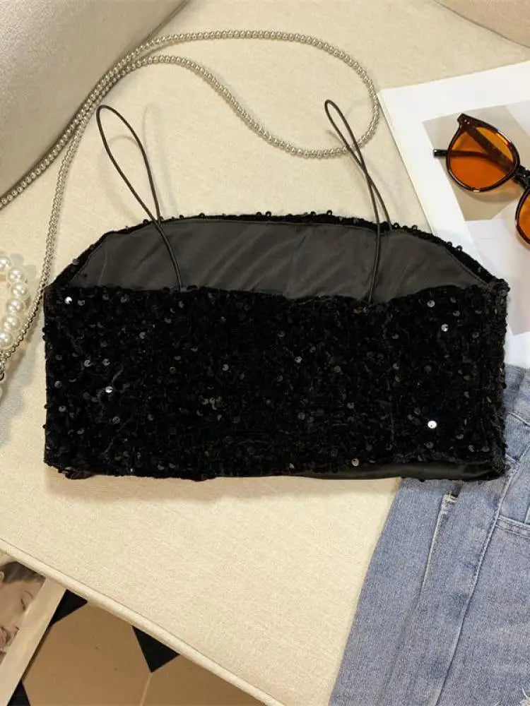 Summer Women's Black Spaghetti Strap Sequined Camisole Fashion Shiny Pink Cropped Sleeveless Sexy Slim Short Tanks Tops New