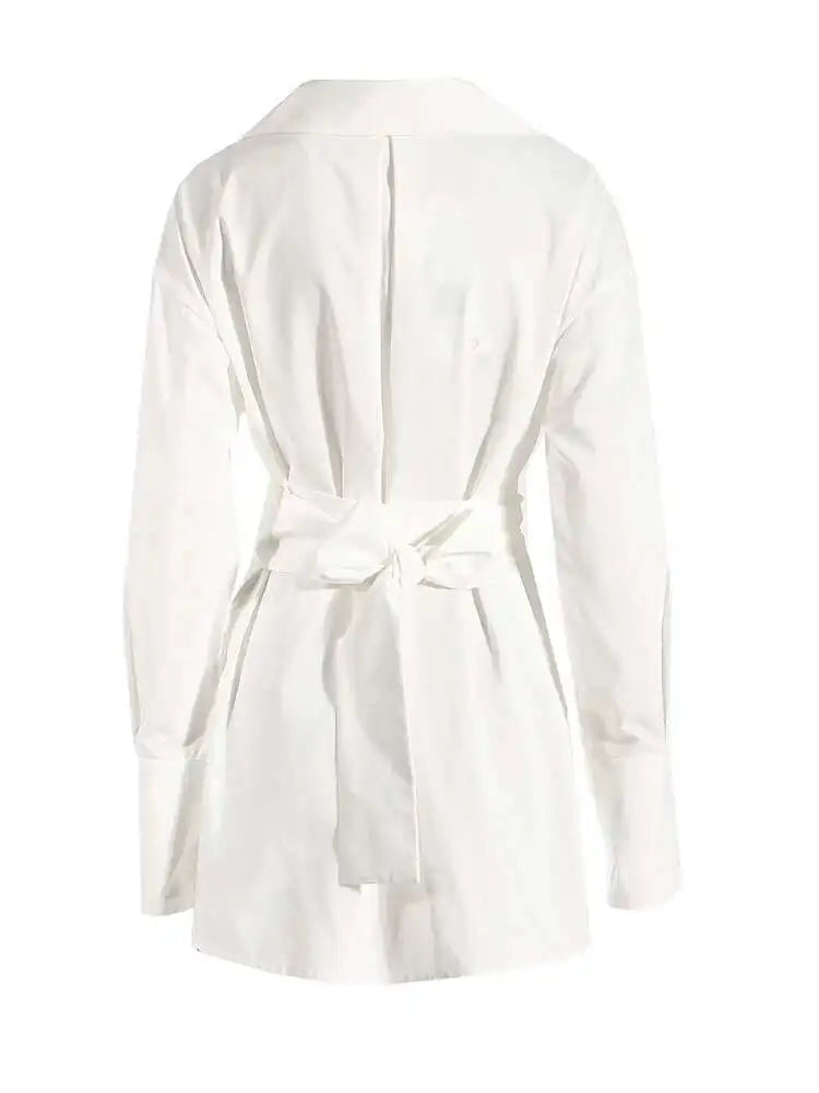 Women White Irregular Bandage Slit Shirt Dress New V-Neck Long Sleeve Loose Fit Fashion Tide Spring Autumn 2025 1DE9884