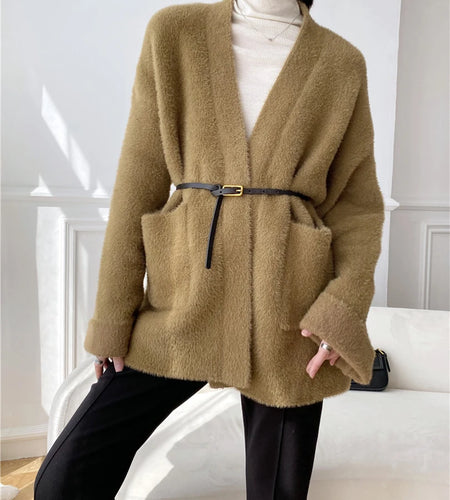 Big Size Camel Cashmere Knitting Cardigan Sweater Loose Fit V-Neck Long Sleeve Women New Fashion Autumn Winter 2025 1DD252