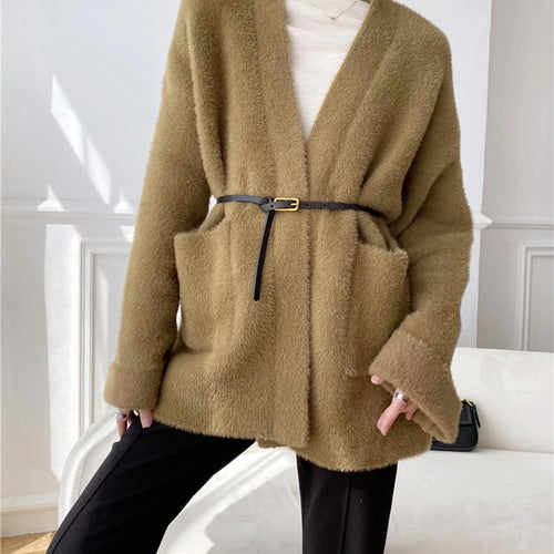 Load image into Gallery viewer, Big Size Camel Cashmere Knitting Cardigan Sweater Loose Fit V-Neck Long Sleeve Women New Fashion Autumn Winter 2025 1DD252
