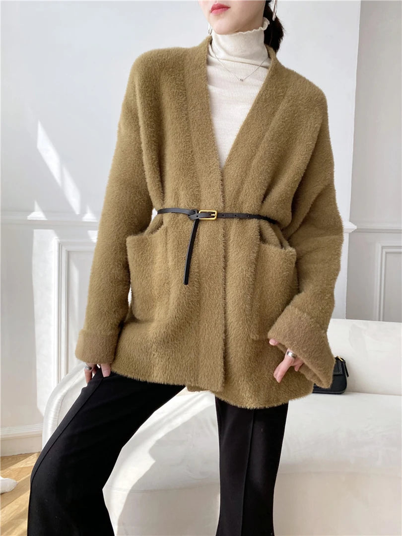 Big Size Camel Cashmere Knitting Cardigan Sweater Loose Fit V-Neck Long Sleeve Women New Fashion Autumn Winter 2025 1DD252