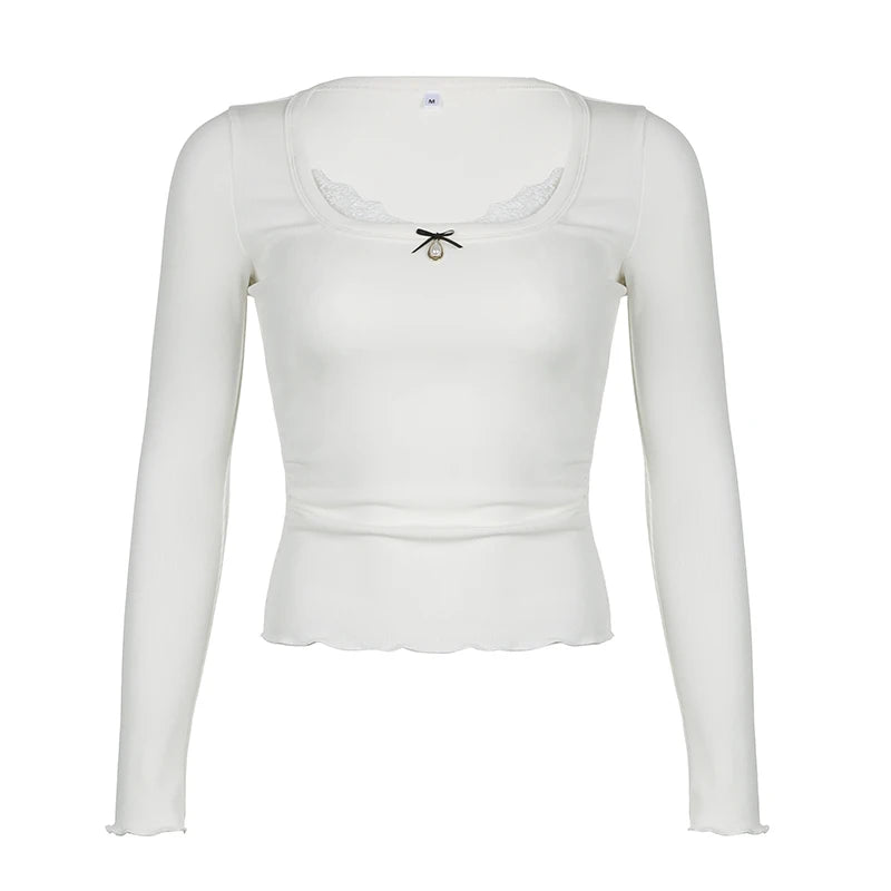 Casual White Cutecore Fitness Women T-shirts Bow Coquette Clothing Lace Trim Basic Autumn Top Tee Korean Sweats Shirt