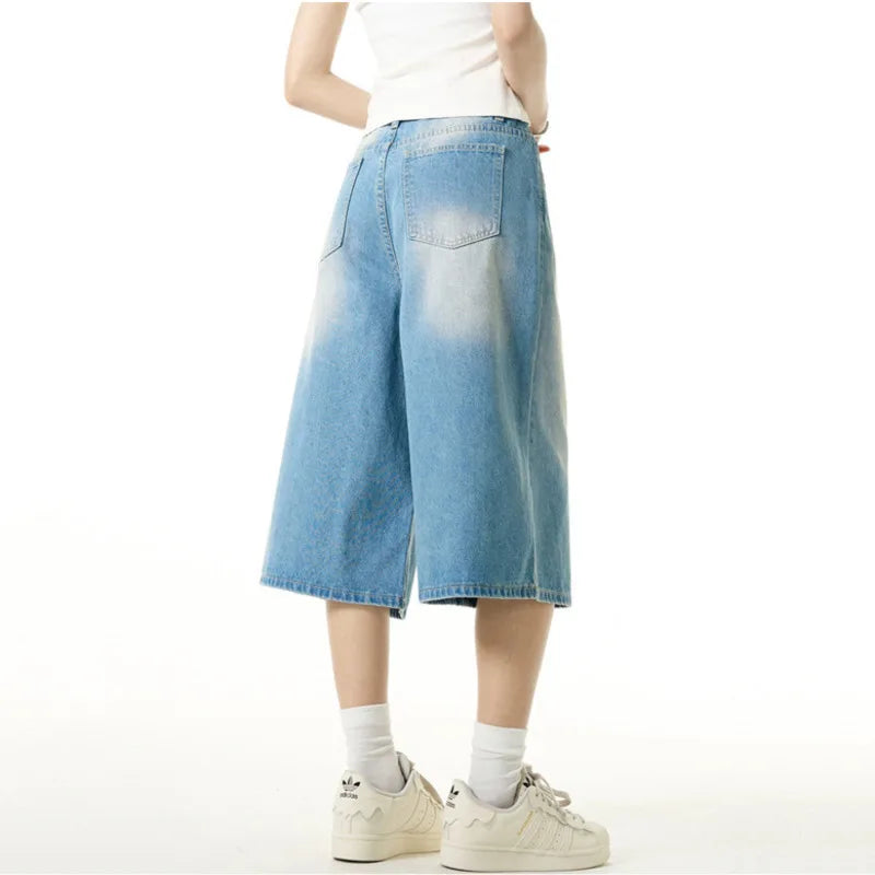 Men's Denim Shorts Cropped Jeans Solid Color New Summer Fashion Trendy Wide Leg Loose Male Clothing Men Clothing 9W1346