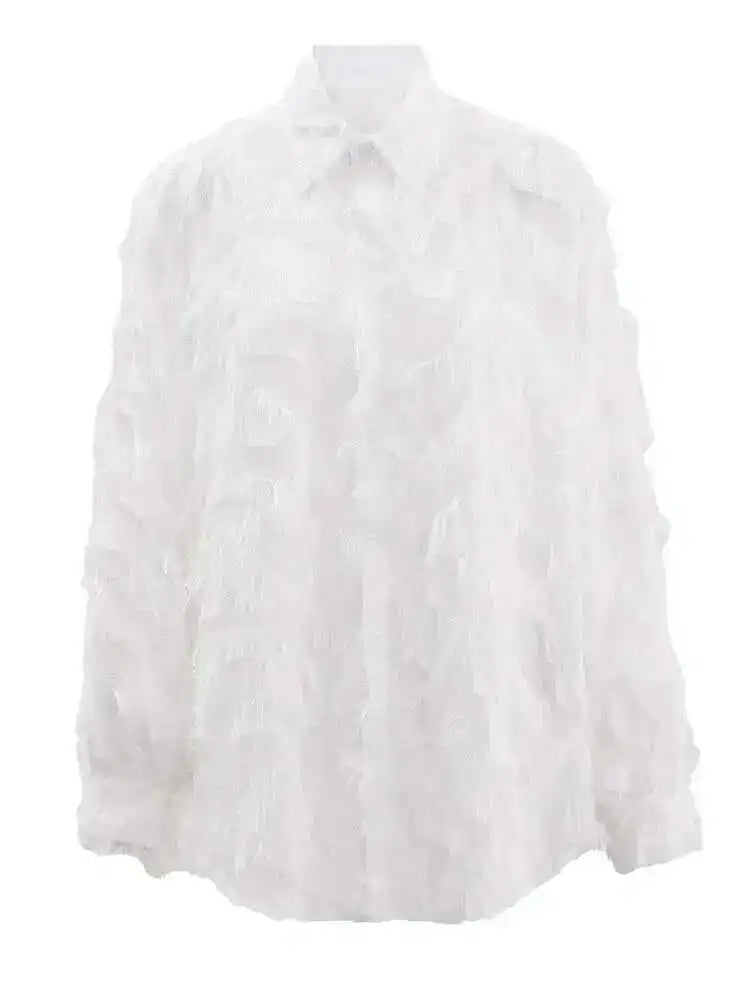 Women Black Tassels Thin Big Size Casual Blouse New Lapel Long Sleeve Shirt Fashion Tide Spring Autumn 2025 CPG1647