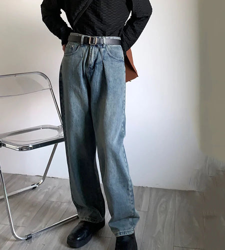 Male Jeans Summer New American Straight Leg Men's Denim Pant Wide Legs Loose Fit Solid Color Full Length Trendy 9W1286