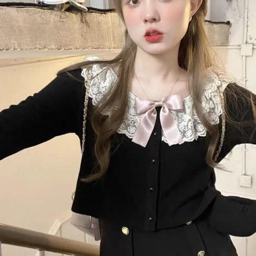 Load image into Gallery viewer, Y2k Aesthetic Lolita Lace O-Neck Womens Cardigan Long Sleeve Crop Tops Korean Style Bow Patchwork  Autumn Knitted
