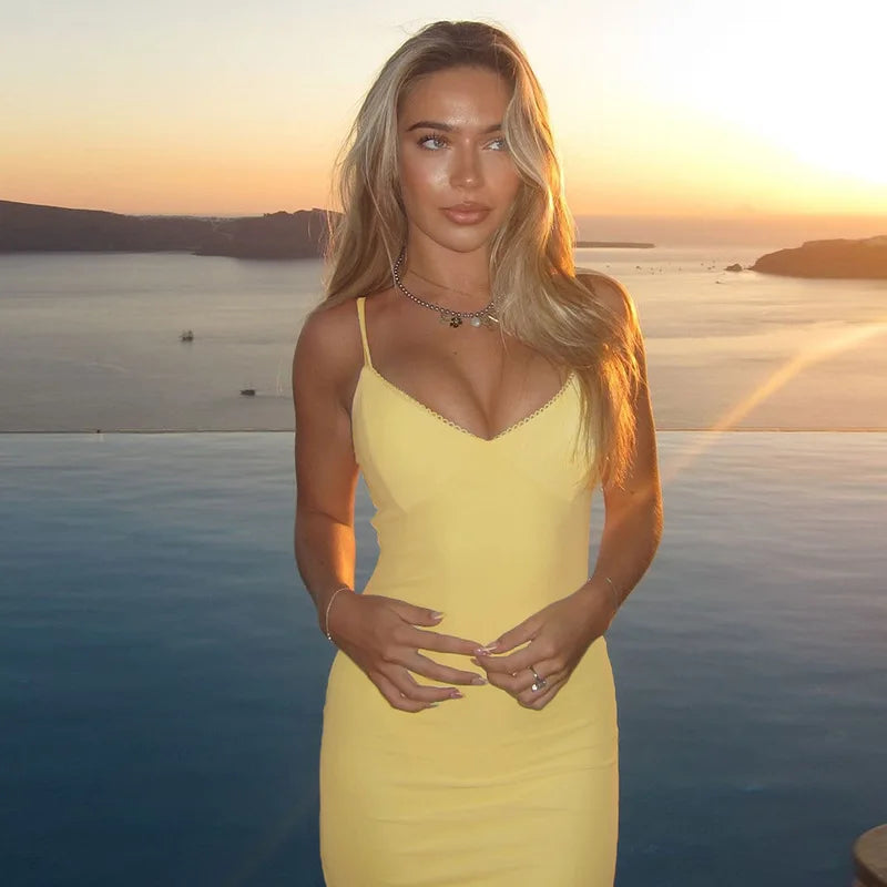 Spaghetti Strap Backless Sexy Maxi Dress For Women Gown Summer New Yellow Sleeveless Bodycon Long Dress Vestido