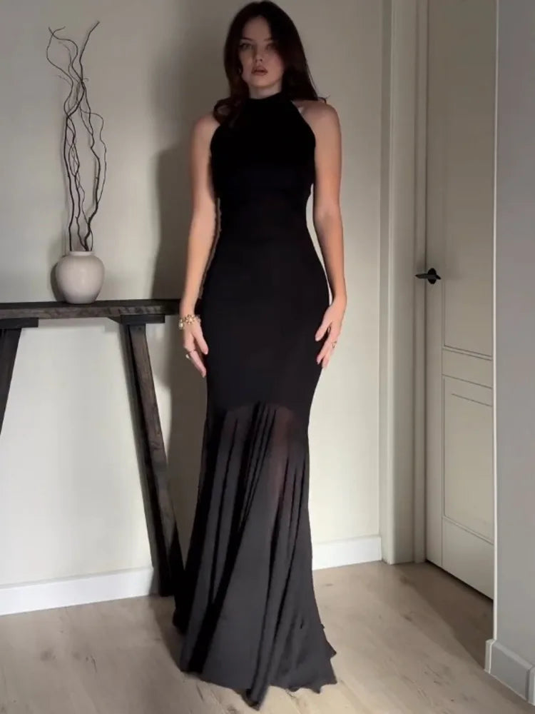 Elegant Sleeveless Bodycon Mesh Party Club Evening Dress For Women 2025 Solid Color New Slim Female Long Vestidos