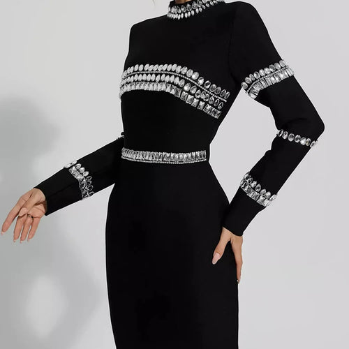 Load image into Gallery viewer, Spliced Diamonds Solid A Line Dress For Women Stand Collar Long Sleeve High Waist Temperament Slimming Party Dresses Female
