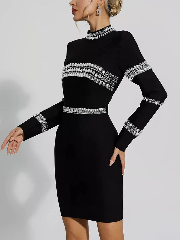 Spliced Diamonds Solid A Line Dress For Women Stand Collar Long Sleeve High Waist Temperament Slimming Party Dresses Female