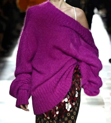 Solid Loose Irregular Sweaters for Women Diagonal Collar Long Sleeves Casual Sweater Female Fashion Clothing New