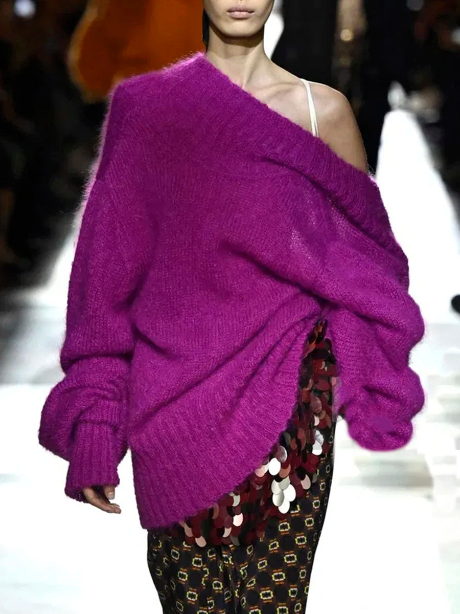 Solid Loose Irregular Sweaters for Women Diagonal Collar Long Sleeves Casual Sweater Female Fashion Clothing New