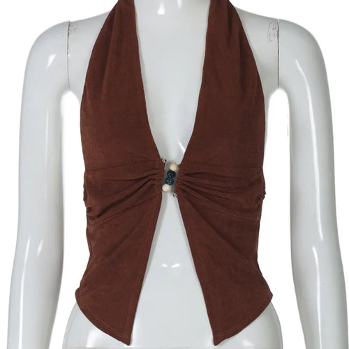 Load image into Gallery viewer, Halter V Neck Sexy Crop Tops Women Fashion Sleeveless Backless Ruched Tank Tops Female Solid Fashion Club Tops Elegant
