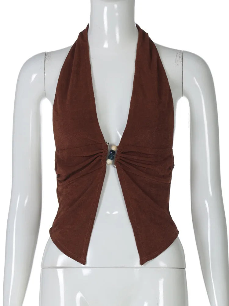 Halter V Neck Sexy Crop Tops Women Fashion Sleeveless Backless Ruched Tank Tops Female Solid Fashion Club Tops Elegant