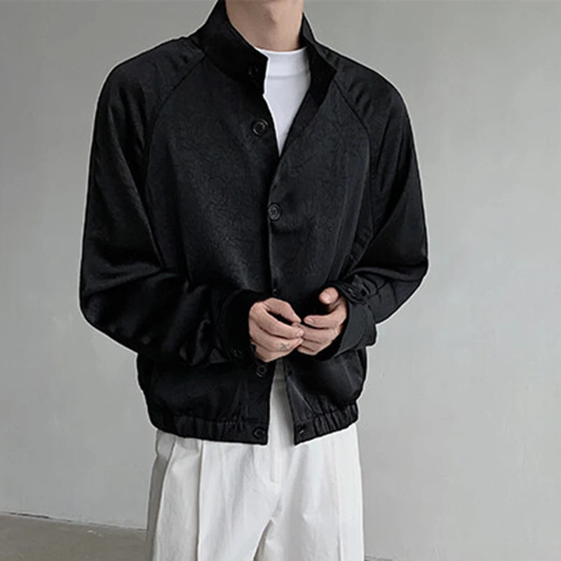 Korean New Chic Male Jacket Solid Color Stand Collar Single Breasted Jackets Elastic Hem Design Men Wear Spring 9W1341