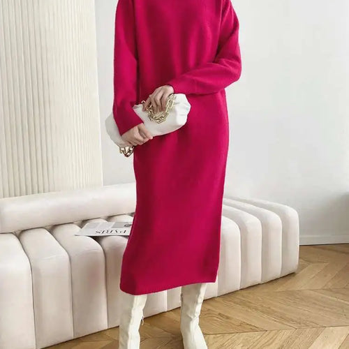 Load image into Gallery viewer, Women Rose Red Casual Midi Elegant Knitting Dress New Round Neck Long Sleeve Fashion Tide Spring Autumn 2025 1DH6450

