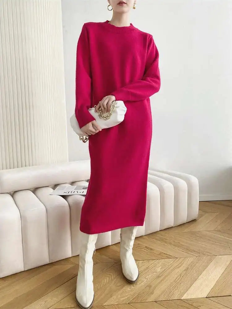 Women Rose Red Casual Midi Elegant Knitting Dress New Round Neck Long Sleeve Fashion Tide Spring Autumn 2025 1DH6450