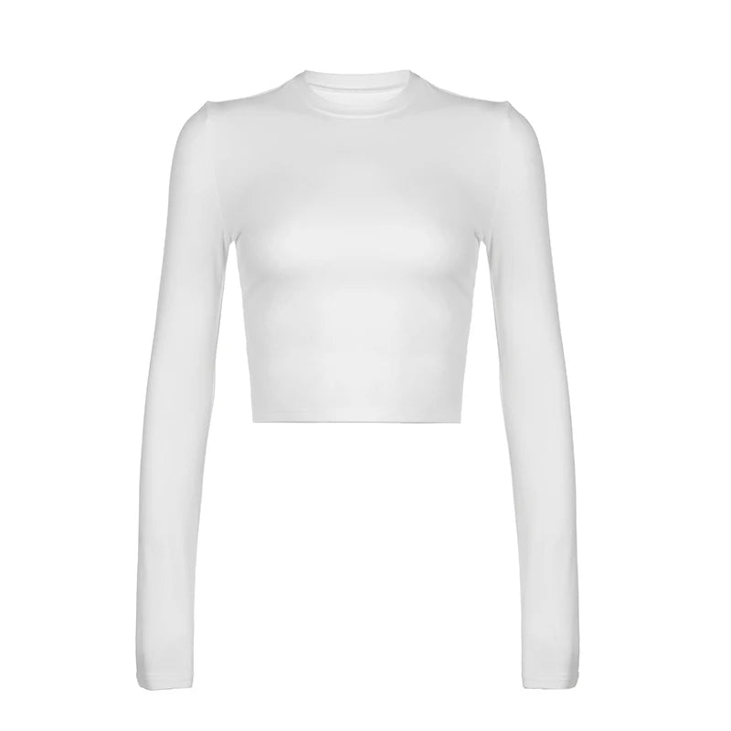 Casual White Skinny Women T-shirt Basic Fashion All-Match Autumn Crop Top Crew Neck Tee Shirt Spring Korean Clothing