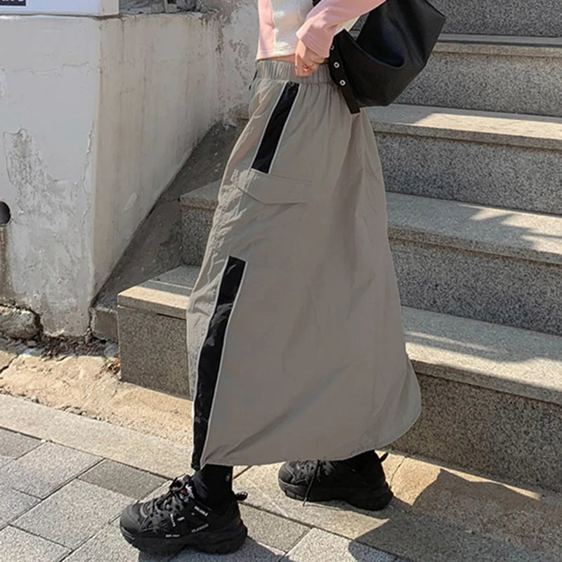 orpcore Casual Tech Stripe Cargo Skirt Women Harajuku Stitching Straight Long Skirt Pockets Loose Elastic Waist