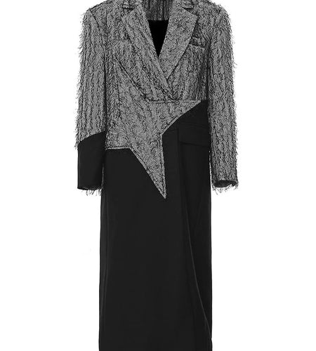 Women Gray Color-block Tassels Big Size Long Blazer New Lapel Long Sleeve Jacket Fashion Tide Spring Autumn 2025 7AB1820