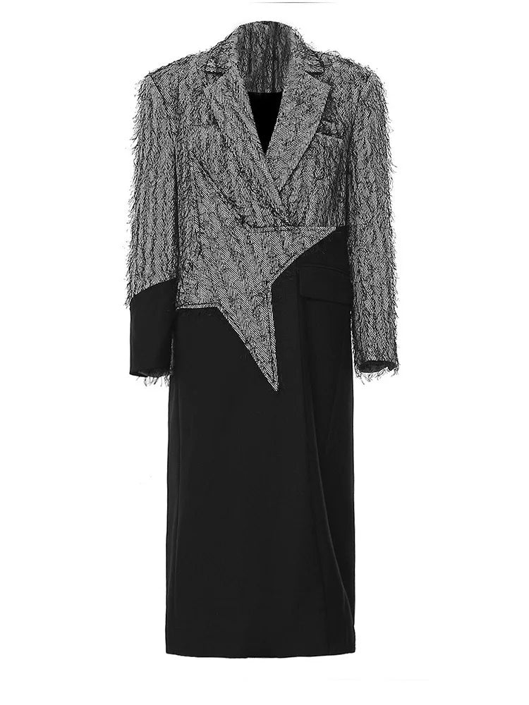 Women Gray Color-block Tassels Big Size Long Blazer New Lapel Long Sleeve Jacket Fashion Tide Spring Autumn 2025 7AB1820