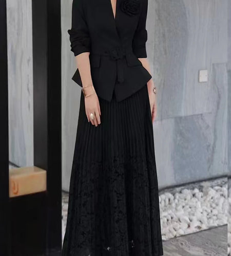 Solid Two Piece Set For Women O Neck Long Sleeve Coat High Waist Spliced Folds Skirt Sets Female Fashion Clothes