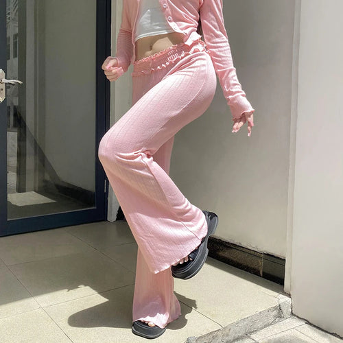 Load image into Gallery viewer, Korean Fashion Pink Ruched Knitted Flared Pants Harajuku Sweet Homewear Slim Trousers Cute Coquette Bow Elastic Waist
