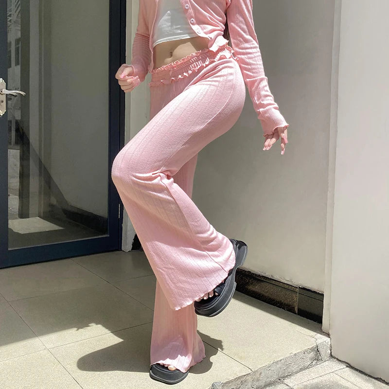 Korean Fashion Pink Ruched Knitted Flared Pants Harajuku Sweet Homewear Slim Trousers Cute Coquette Bow Elastic Waist