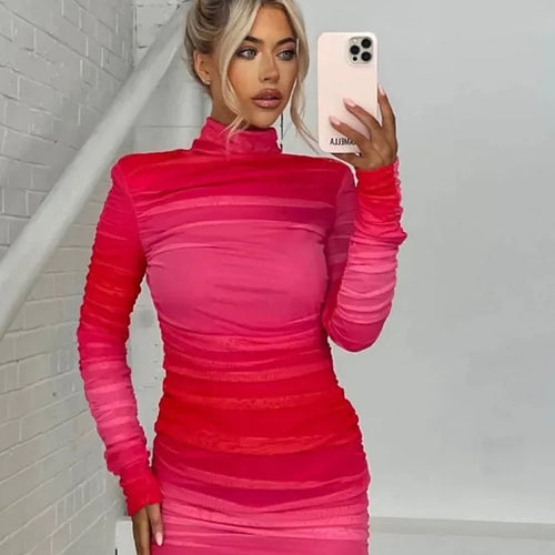 Load image into Gallery viewer, O- Neck Contrast Long Sleeve Women's Dress Party Street Stretchy Tight Ruffle Female Mini Dress Fashion Autumn 2023 New
