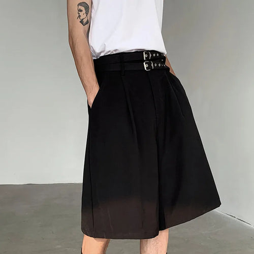 Load image into Gallery viewer, Summer Men&#39;s Five-point Shorts Casual Straight Double Belt Design High-waisted Black Male Clothing Wide Leg 9C5517
