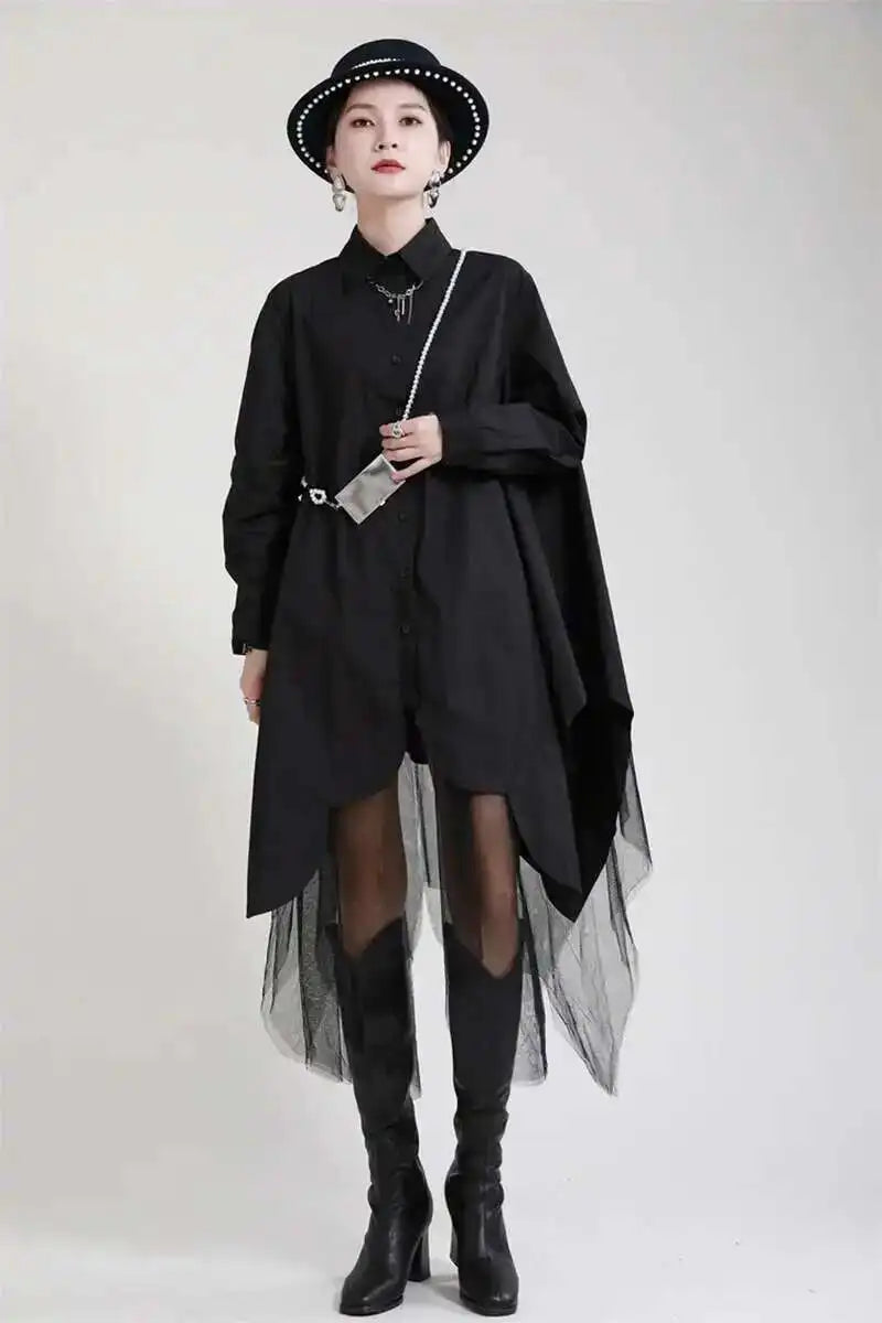 Women Black Irregular Hem Big Size Shirt Dress New Lapel Long Sleeve Loose Fit Fashion Tide Spring Autumn 2025 1DE2485