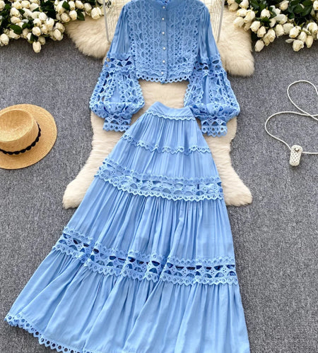 Spring French Vintage Women's Blue Lace Hollow Out Elegant Long Sleeved Tops And High Waist Pleated Long Skirt Two-piece Set New
