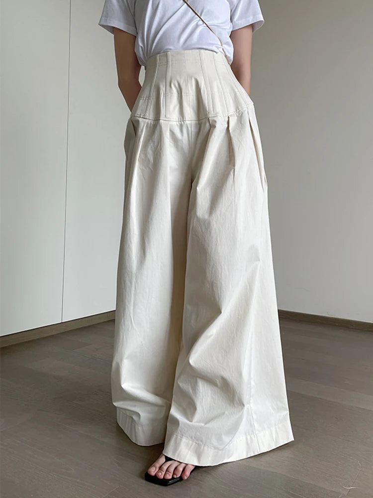 Oversize Wide Leg Pants For Women Gathered Waist Spliced Ruched Casual Solid Long Trousers Female Clothing Summer