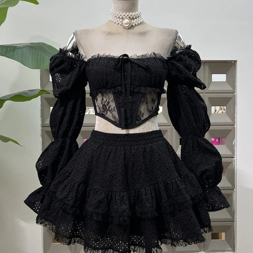 Load image into Gallery viewer, Solid Spliced Lace Sexy Two Piece Sets for Women Square Neck Long Sleeves Sheer Top High Waist Mini Skirt Set Female
