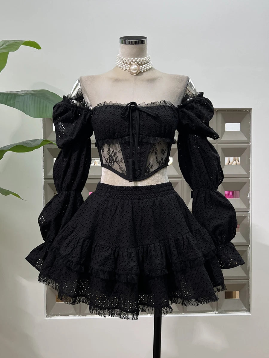 Solid Spliced Lace Sexy Two Piece Sets for Women Square Neck Long Sleeves Sheer Top High Waist Mini Skirt Set Female