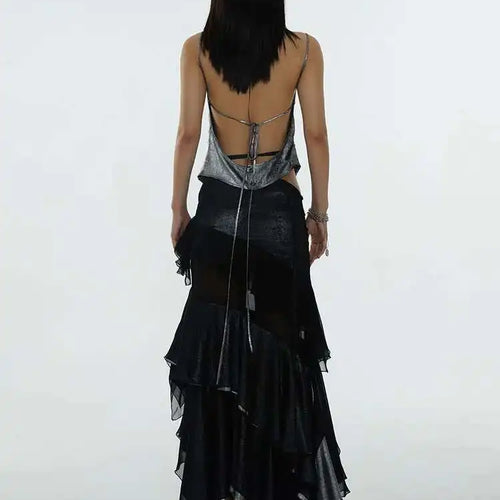 Load image into Gallery viewer, High Waist Black Irregular Mesh Ruffles Elegant Floor-Length Half-body Skirt Women Fashion New Spring Autumn 2025 1DH6274
