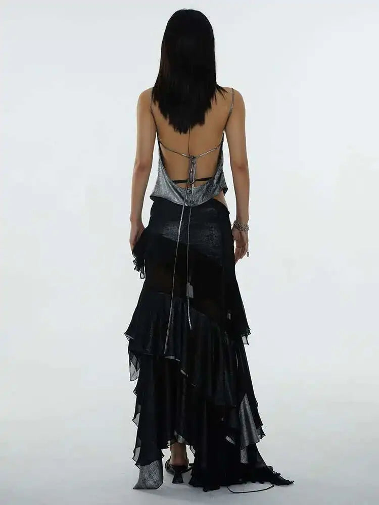 High Waist Black Irregular Mesh Ruffles Elegant Floor-Length Half-body Skirt Women Fashion New Spring Autumn 2025 1DH6274