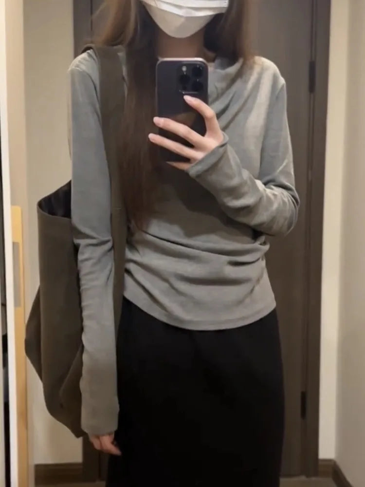 Korean Chic Vintage Solid Simple Tshirts Loose Grunge Women Y2k Aesthetic T-shirts Casual Bottoming All Match Tee Shirts Femme