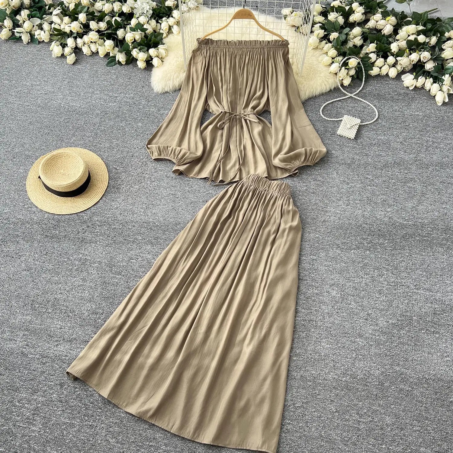 French Retro 2025 Women Solid Off Shoulder Elegant Lace-up Pleated Tops+ High Waist Party Long Skirt Spring Autumn Two Piece Set