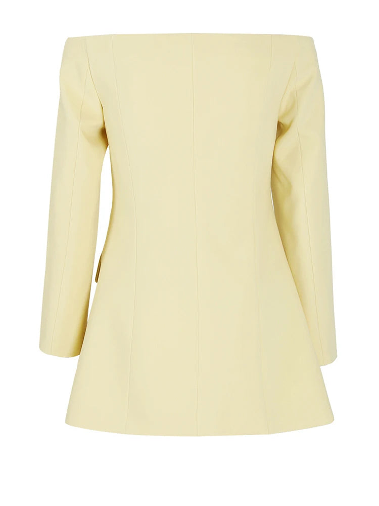 Women Yellow Single Breasted Elegant Blazer New Slash Neck Long Sleeve Jacket Fashion Tide Spring Autumn 2025 CPDB021
