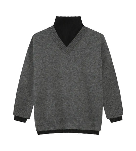 Korean Style Men's Sweaters Turtleneck Knitting Fake Two-piece Splicing Contrast Color Male Pullover Tops New Winter 9C9417