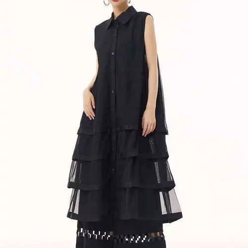 Load image into Gallery viewer, Women Black Layers Mesh Big Size Midi Vest Shirt Dress New Lapel Sleeveless Fashion Tide Spring Summer 2025 1DH9472
